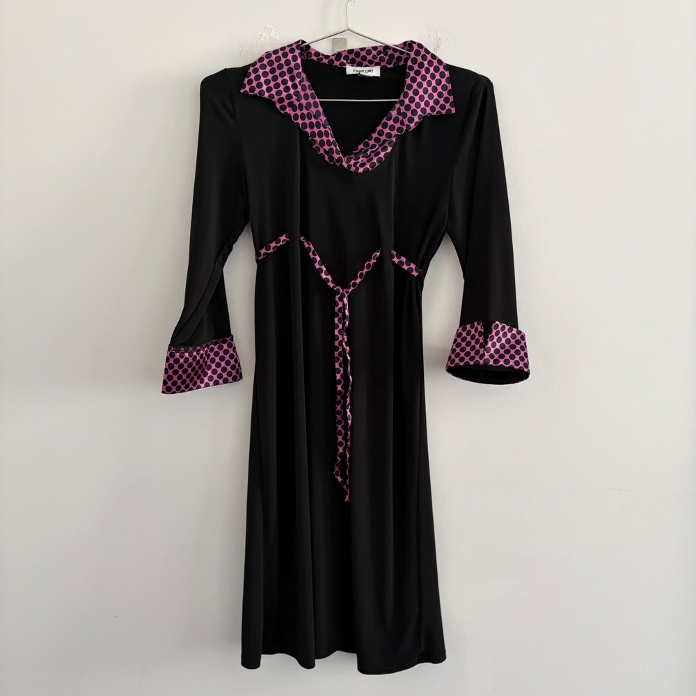 Byer Girl Vintage Black Pink Polka Dot Long Sleeve Empire Waist Dress Size 16